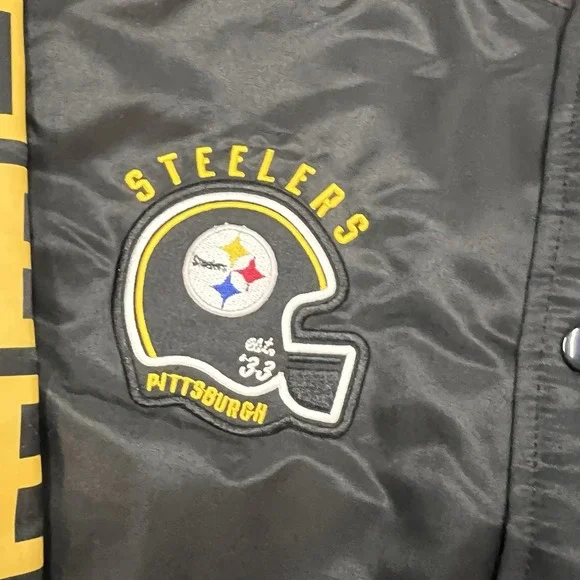 Pittsburgh Steelers Ultra Game NFL Mens Medium Satin Bomber Jacket Snap New